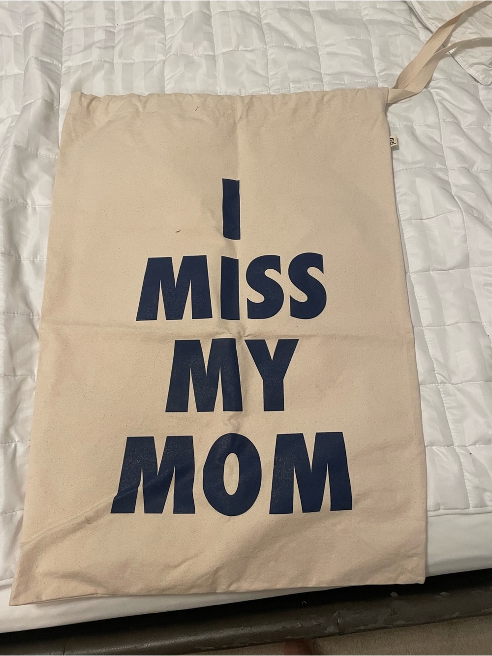 Beige Canvas laundry bag with Navy "I MISS MY MOM" Print